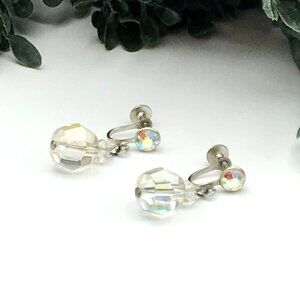 Vintage Crystal Aurora Borealis Screw Back Earrings